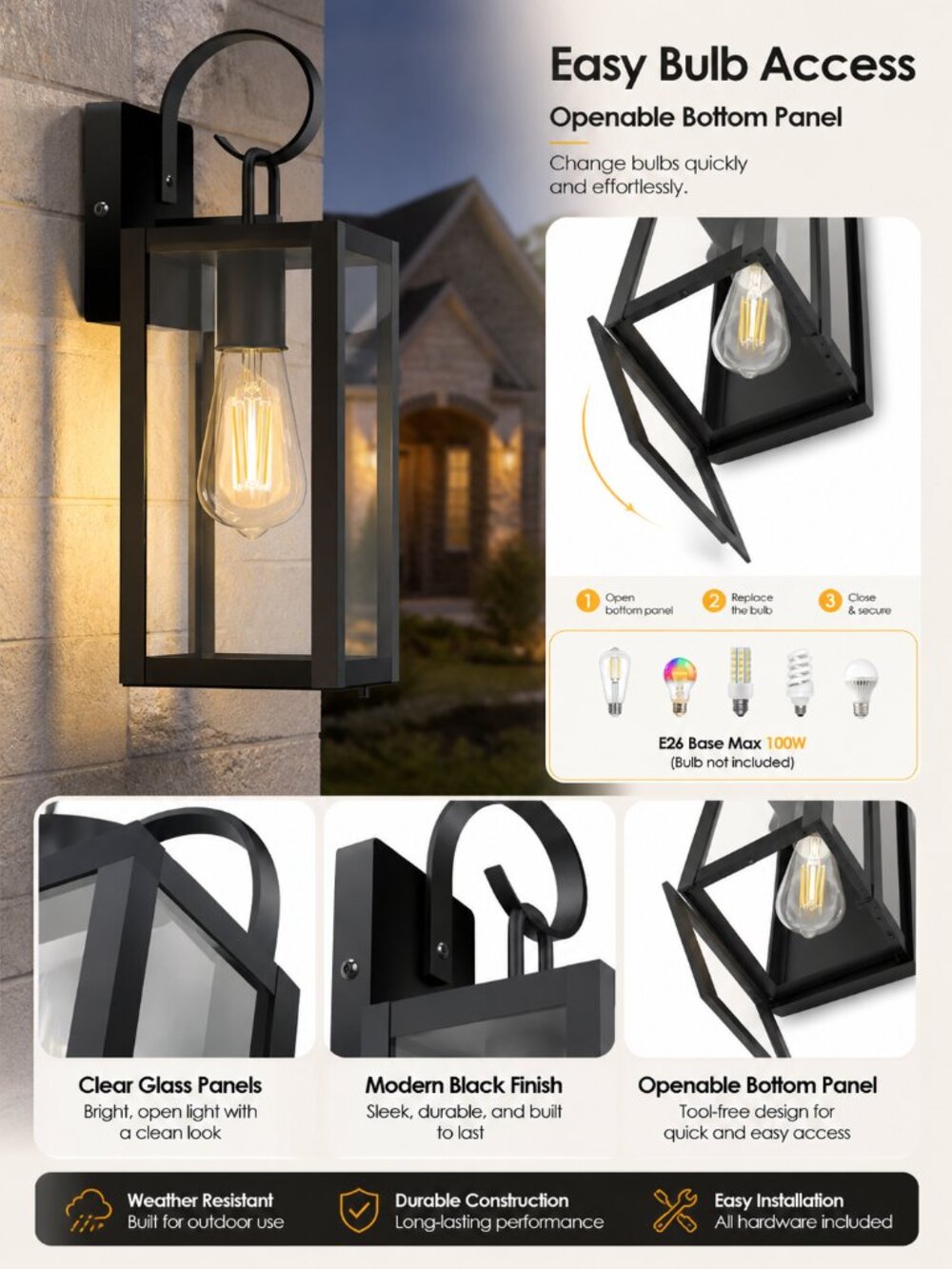 Black Modern Outdoor Wall Sconce Waterproof Exterior Porch Light Front Door Gara
